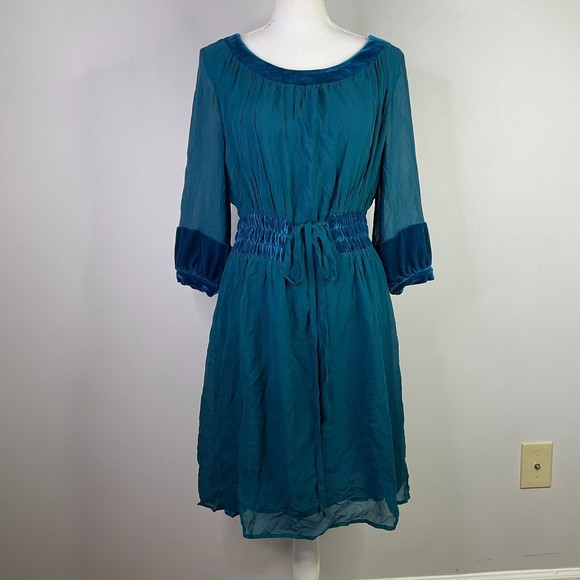 Eley Kishimoto Dress Women Size 4 Teal Blue Silk Sheer Lined Elastic Waist - Picture 2 of 14